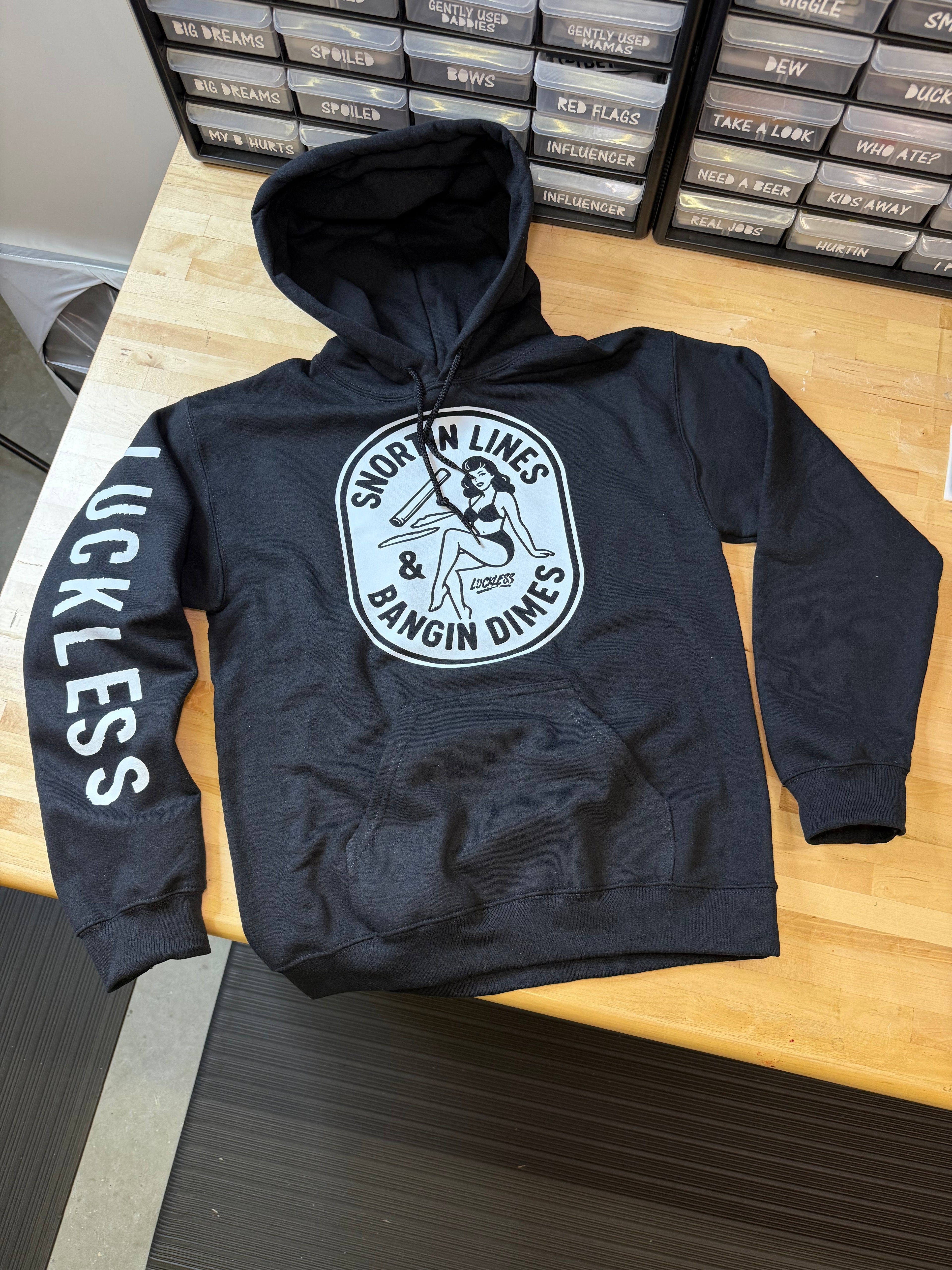 Snortin Lines and Bangin Dimes | Men's Funny Black Graphic Streetwear Hoodie