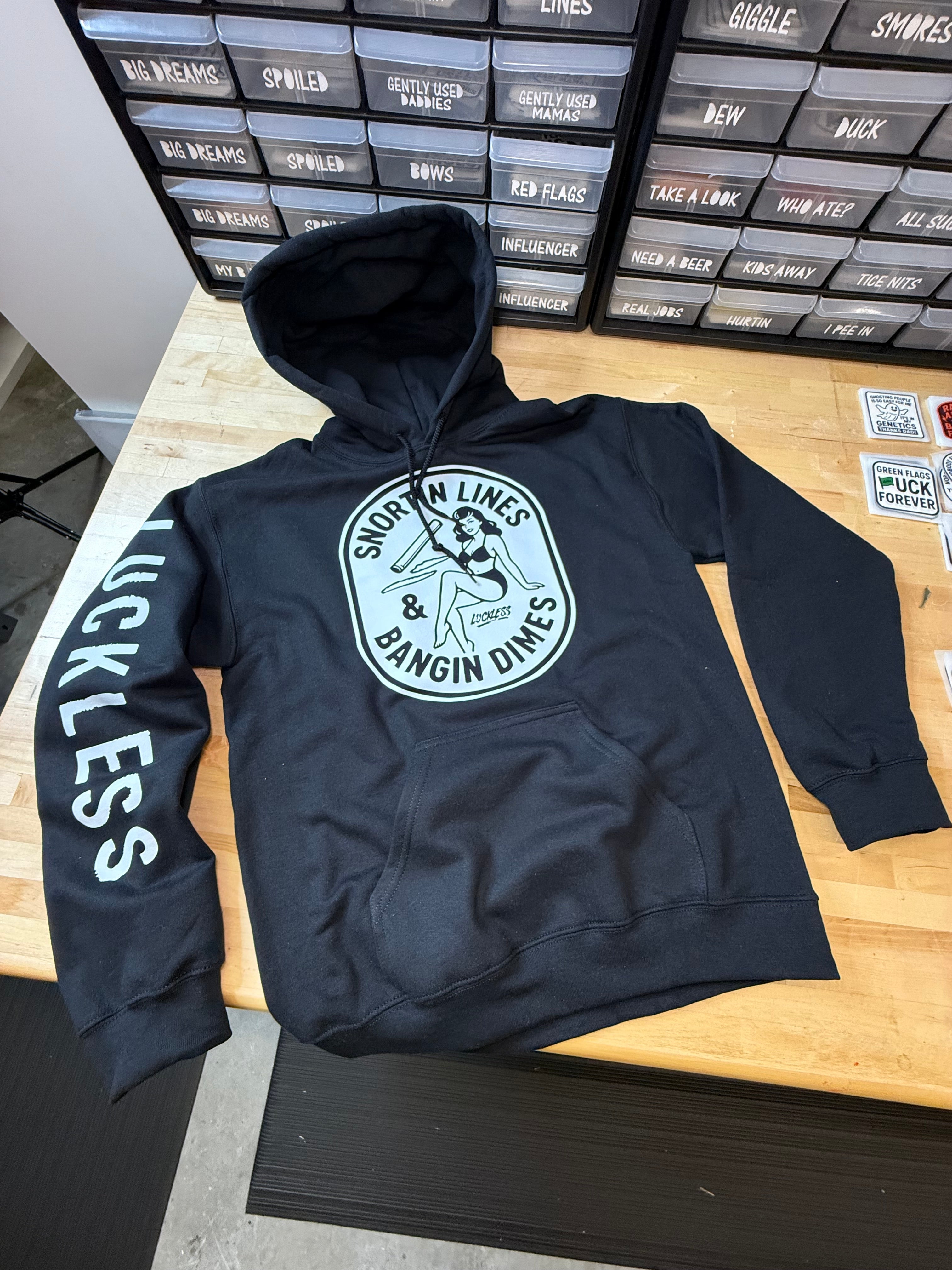 Snortin Lines and Bangin Dimes | Men's Funny Black Graphic Streetwear Hoodie