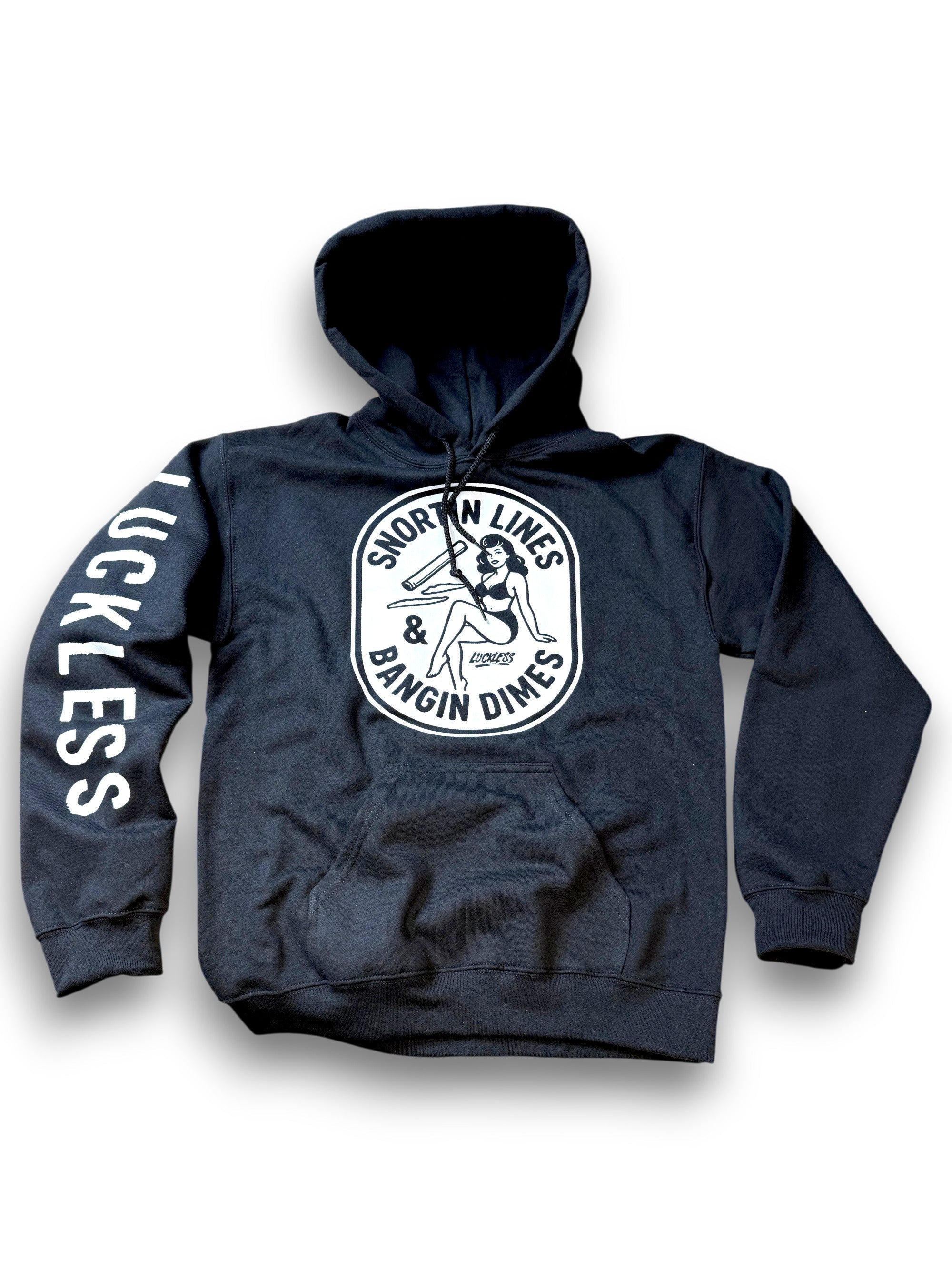 Snortin Lines and Bangin Dimes | Men's Funny Black Graphic Streetwear Hoodie
