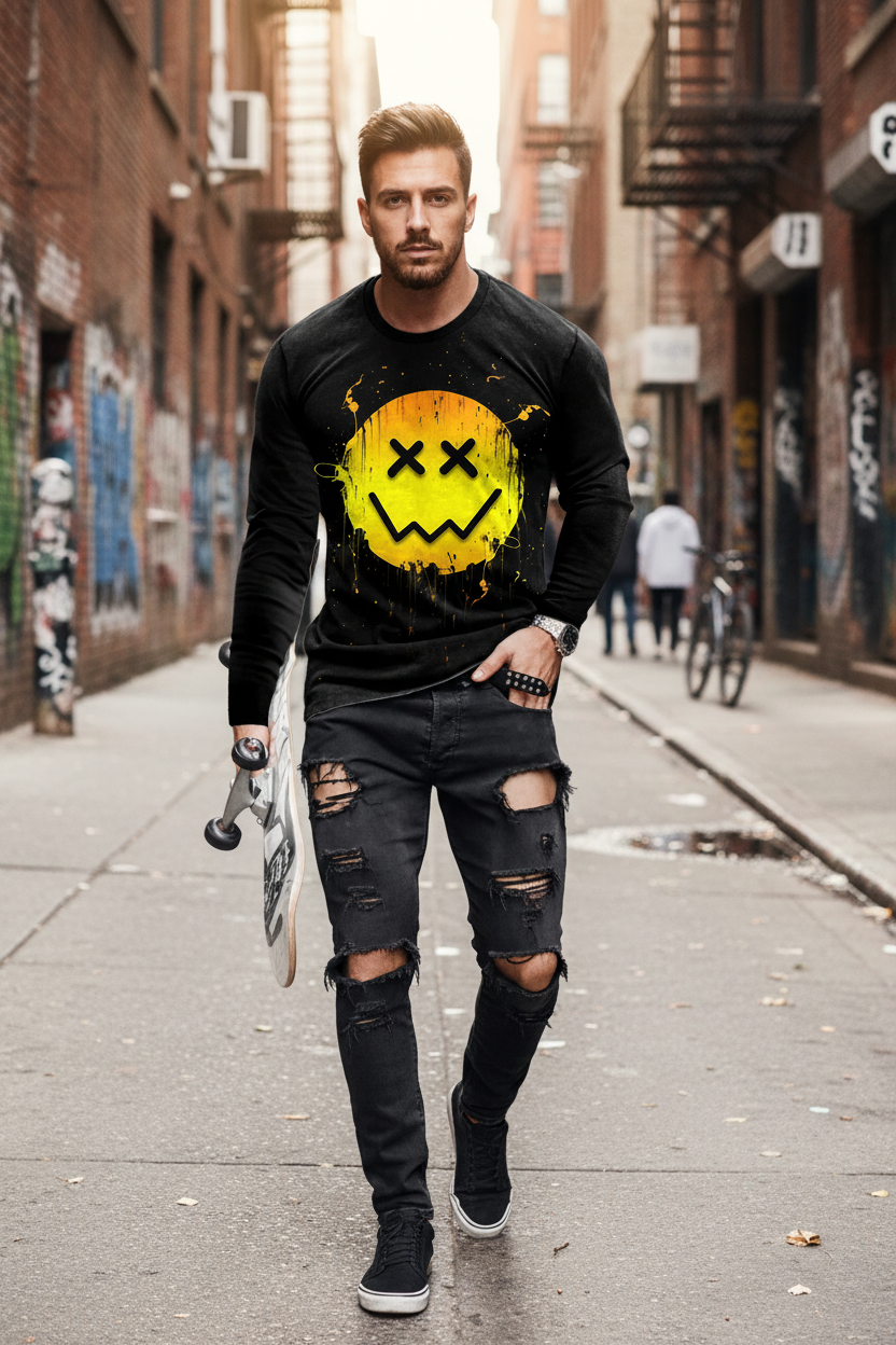 Men’s Casual Long Sleeve O-Neck T-shirt with Funny Pattern Print - Harajuku Street Fashion Top