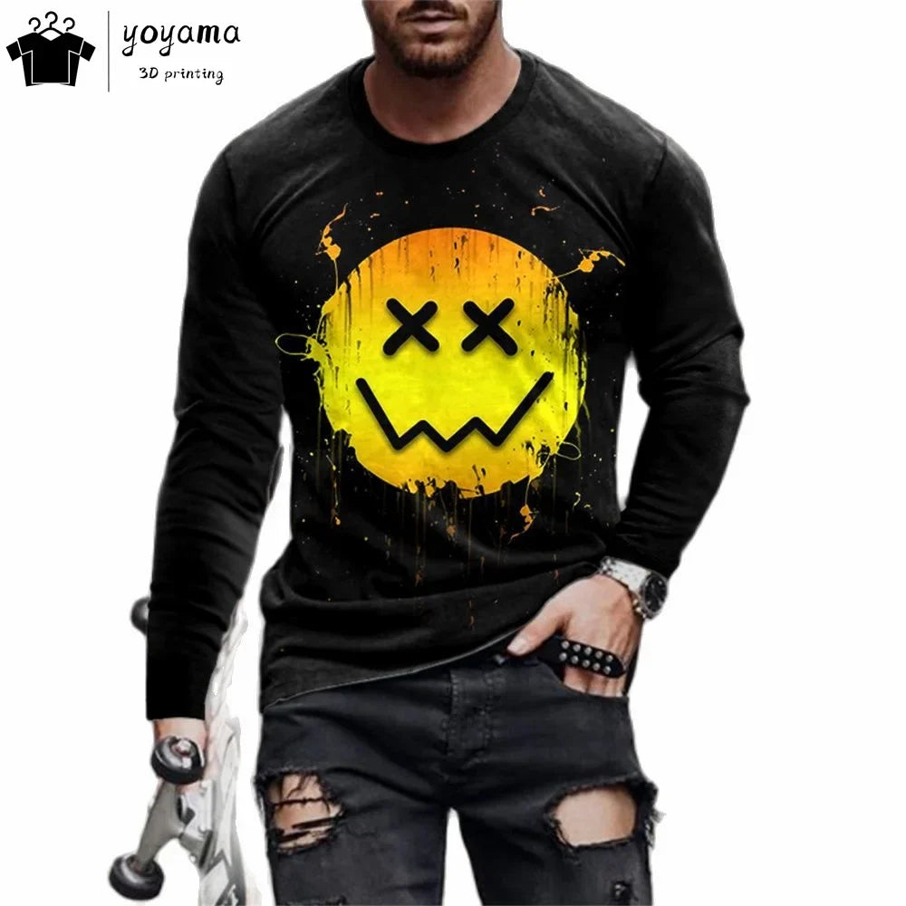 Men’s Casual Long Sleeve O-Neck T-shirt with Funny Pattern Print - Harajuku Street Fashion Top