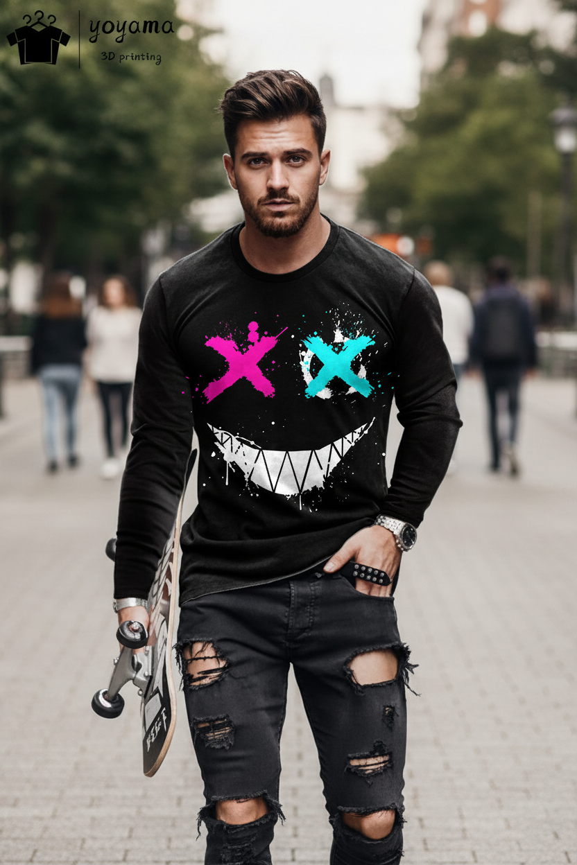 Men’s Casual Long Sleeve O-Neck T-shirt with Funny Pattern Print - Harajuku Street Fashion Top