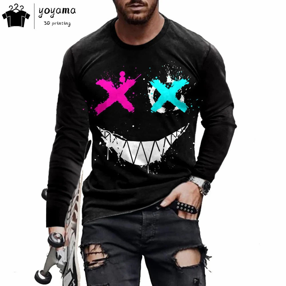 Men’s Casual Long Sleeve O-Neck T-shirt with Funny Pattern Print - Harajuku Street Fashion Top