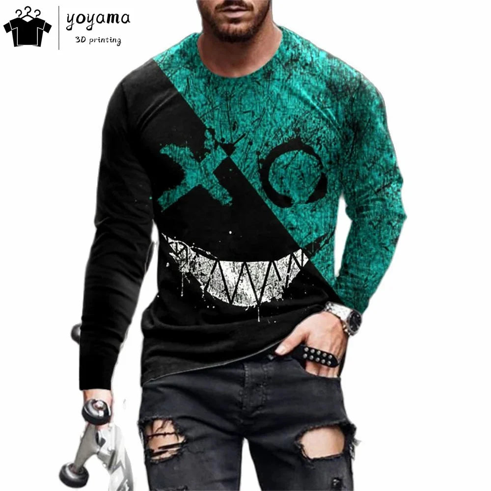 Men’s Casual Long Sleeve O-Neck T-shirt with Funny Pattern Print - Harajuku Street Fashion Top