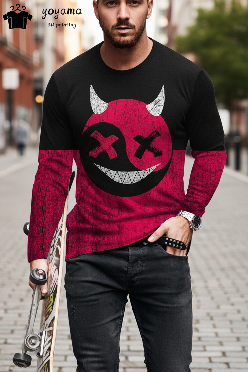 Men’s Casual Long Sleeve O-Neck T-shirt with Funny Pattern Print - Harajuku Street Fashion Top