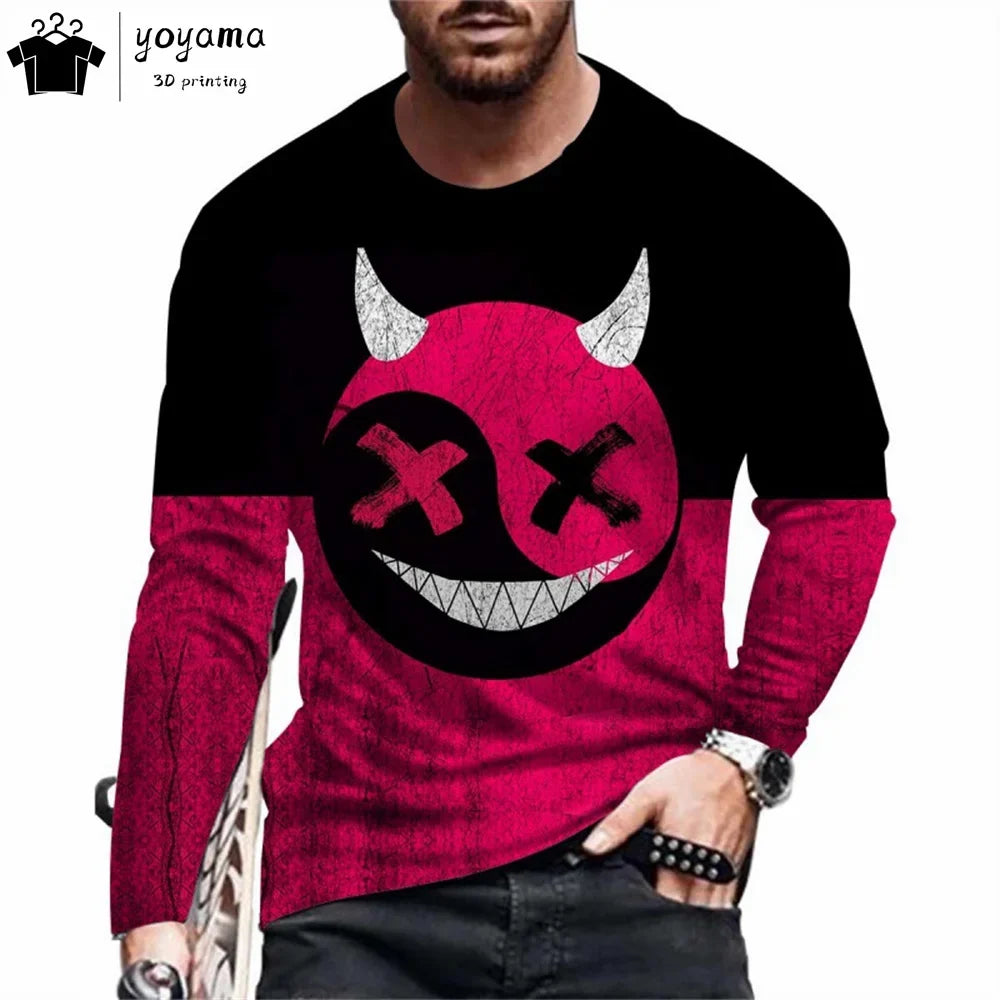 Men’s Casual Long Sleeve O-Neck T-shirt with Funny Pattern Print - Harajuku Street Fashion Top