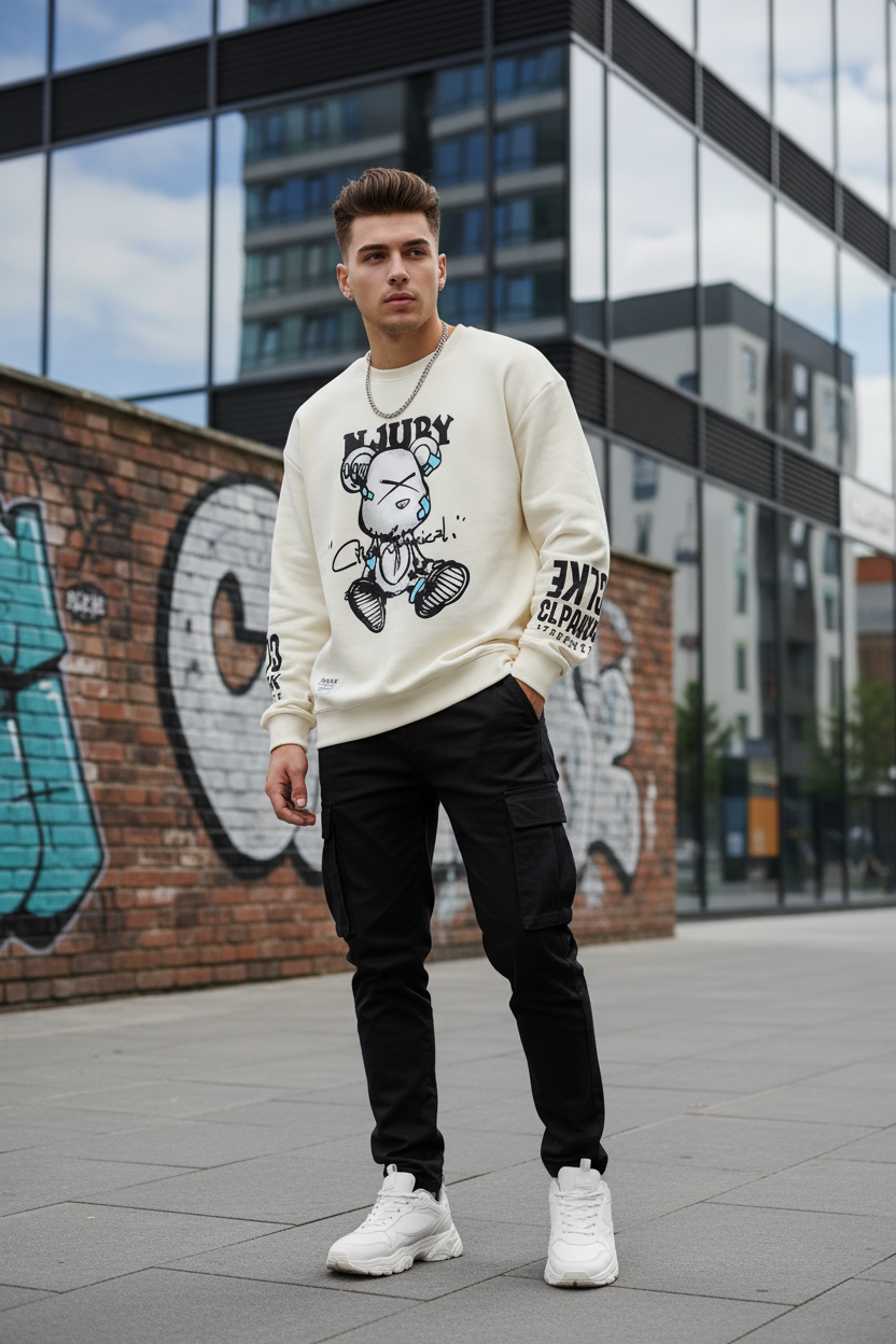 Autumn Men’s Sweatshirt Cool Bear Print Long Sleeve T-shirt Khaki O Neck Harajuku Exclusive Design Top