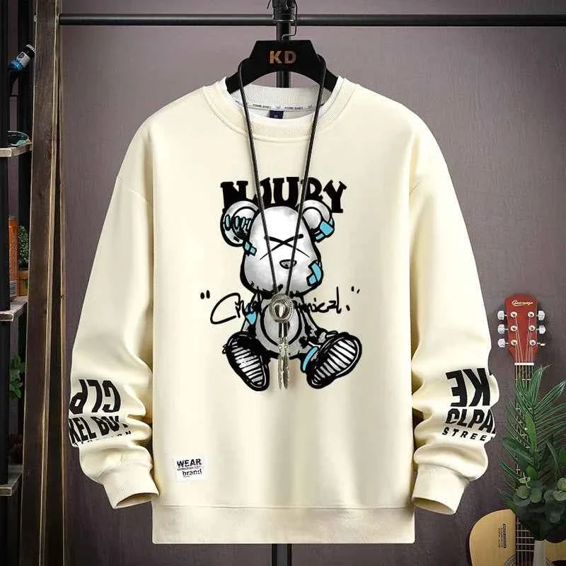Autumn Men’s Sweatshirt Cool Bear Print Long Sleeve T-shirt Khaki O Neck Harajuku Exclusive Design Top