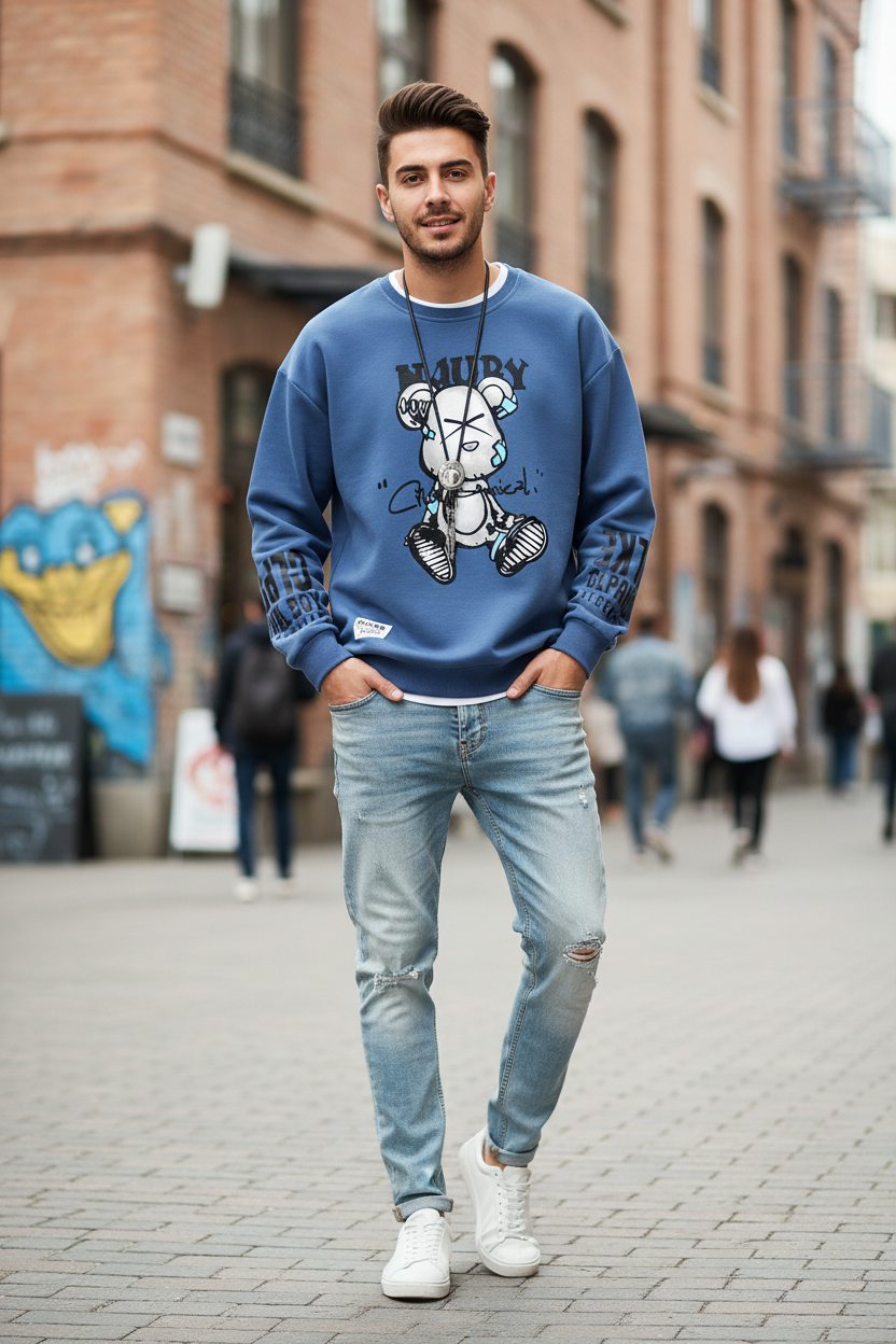 Autumn Men’s Sweatshirt Cool Bear Print Long Sleeve T-shirt Khaki O Neck Harajuku Exclusive Design Top