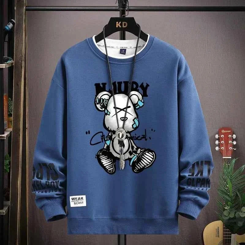 Autumn Men’s Sweatshirt Cool Bear Print Long Sleeve T-shirt Khaki O Neck Harajuku Exclusive Design Top
