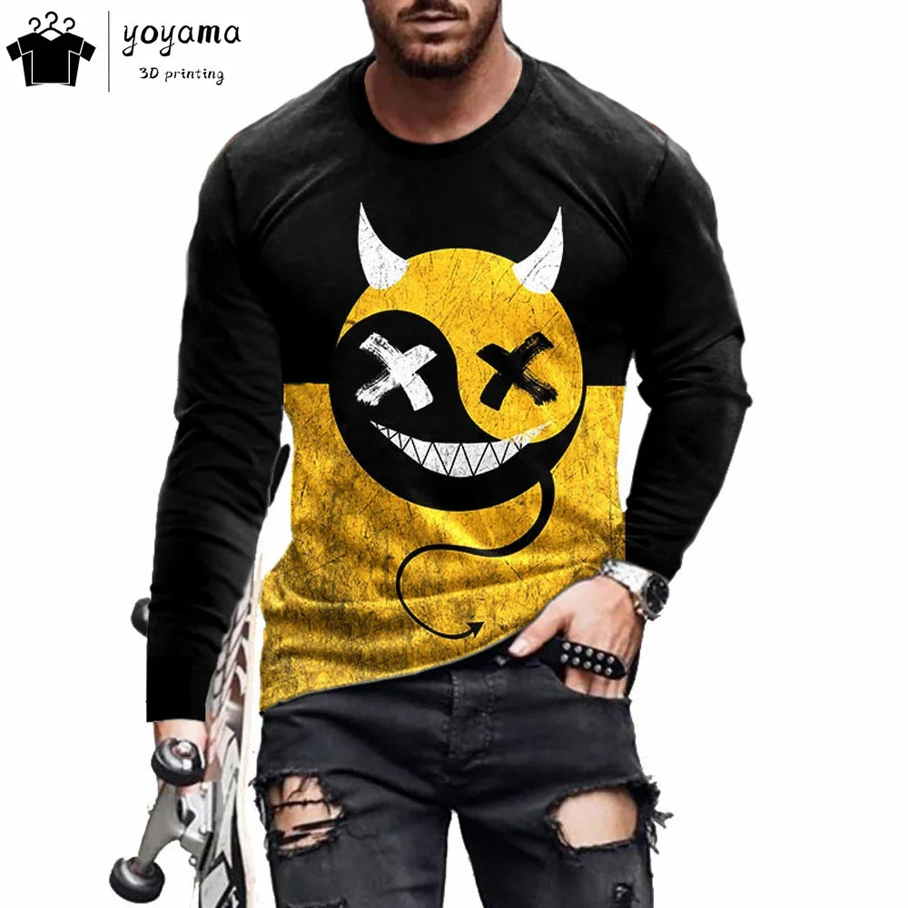 Men’s Casual Long Sleeve O-Neck T-shirt with Funny Pattern Print - Harajuku Street Fashion Top