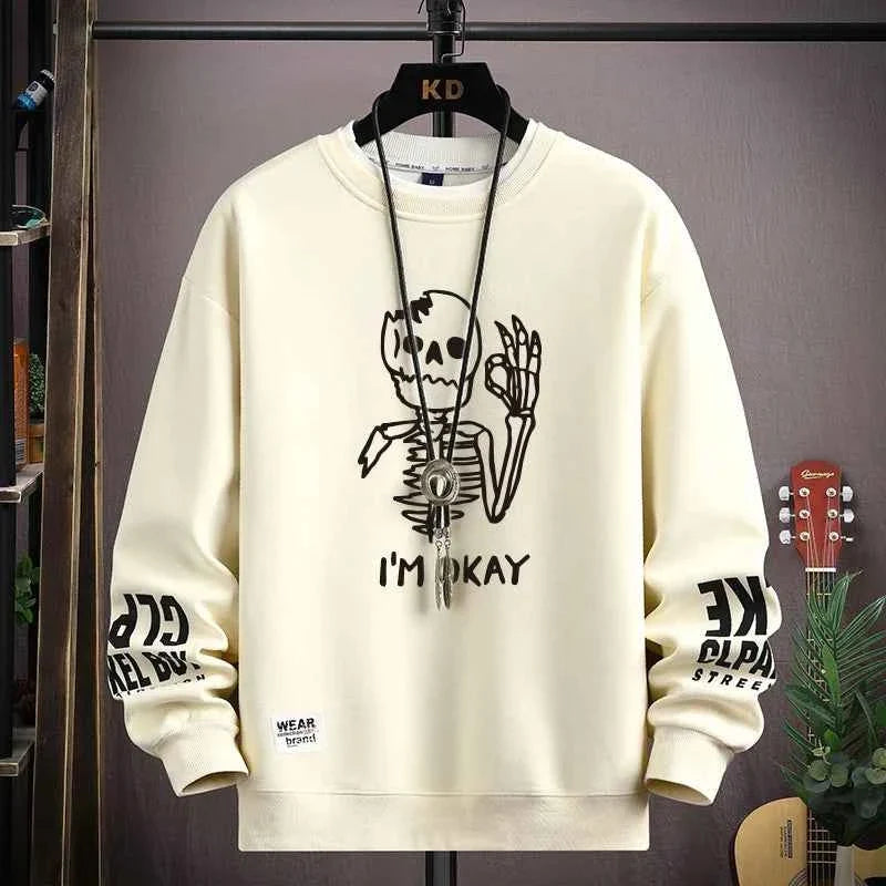 Autumn Men’s Sweatshirt Cool Bear Print Long Sleeve T-shirt Khaki O Neck Harajuku Exclusive Design Top