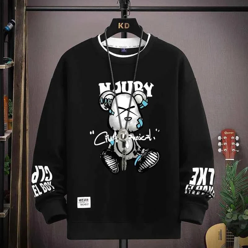 Autumn Men’s Sweatshirt Cool Bear Print Long Sleeve T-shirt Khaki O Neck Harajuku Exclusive Design Top