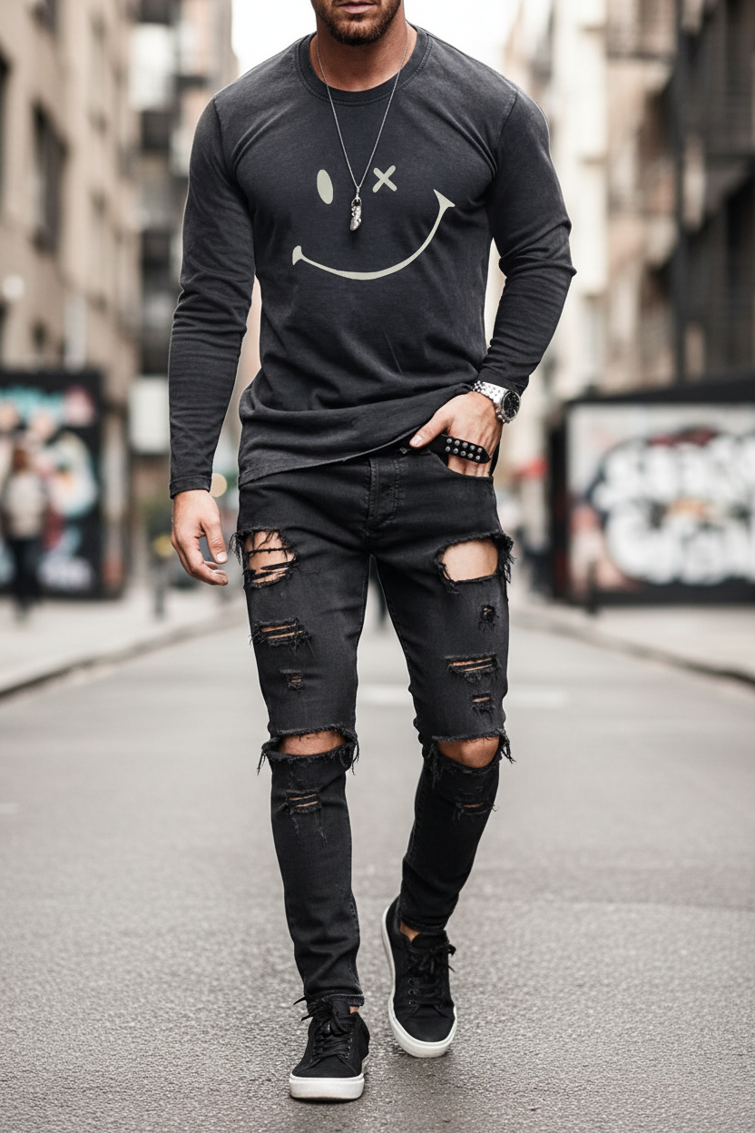 Men’s Casual Long Sleeve O-Neck T-shirt with Funny Pattern Print - Harajuku Street Fashion Top