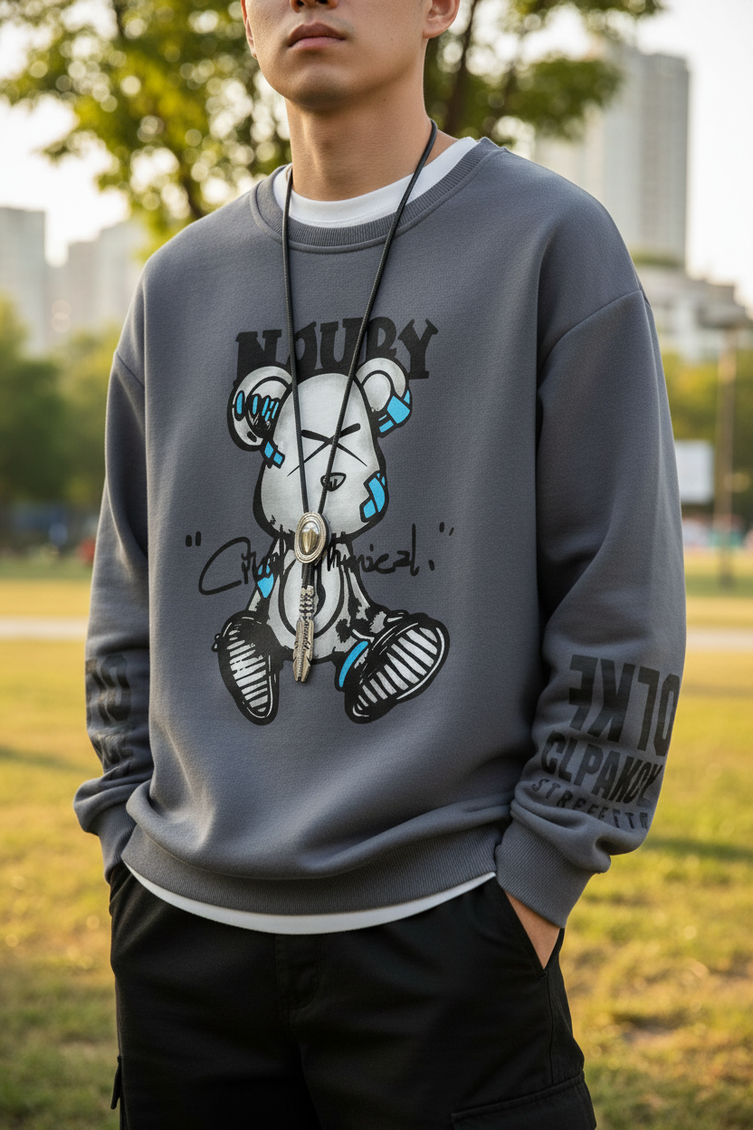 Autumn Men’s Sweatshirt Cool Bear Print Long Sleeve T-shirt Khaki O Neck Harajuku Exclusive Design Top