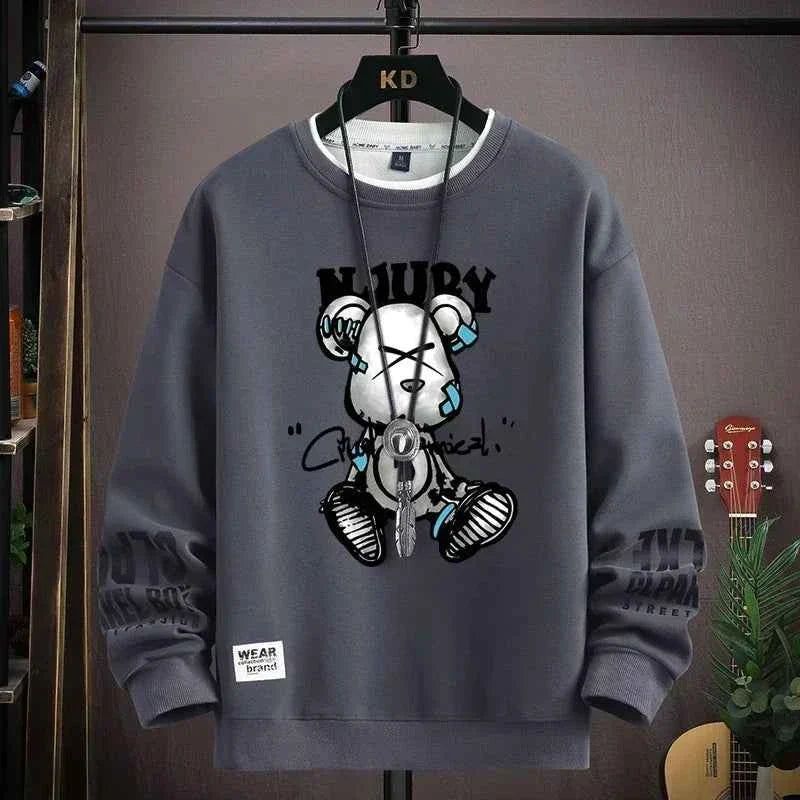 Autumn Men’s Sweatshirt Cool Bear Print Long Sleeve T-shirt Khaki O Neck Harajuku Exclusive Design Top