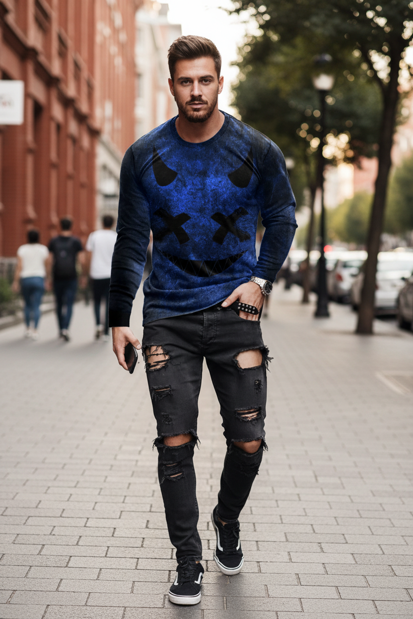 Men’s Casual Long Sleeve O-Neck T-shirt with Funny Pattern Print - Harajuku Street Fashion Top