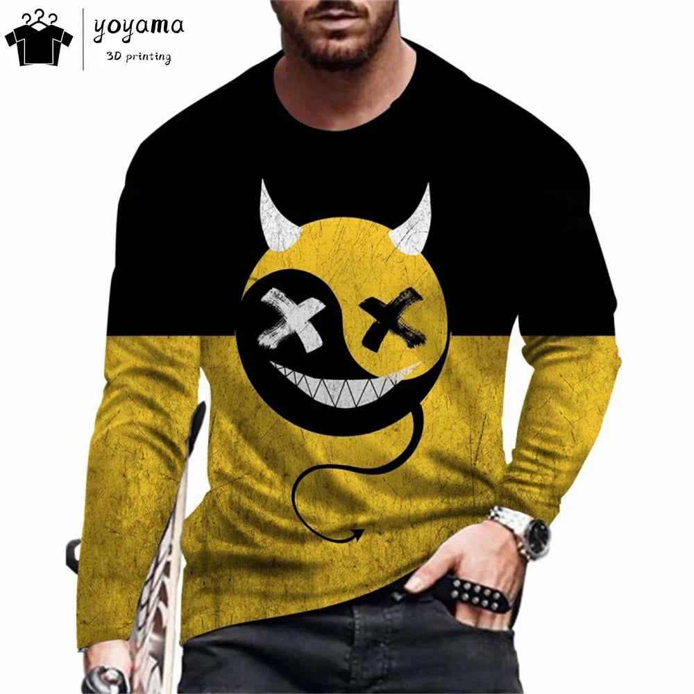 Men’s Casual Long Sleeve O-Neck T-shirt with Funny Pattern Print - Harajuku Street Fashion Top