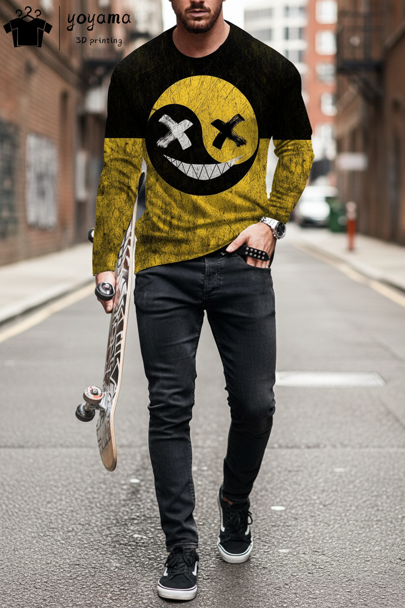 Men’s Casual Long Sleeve O-Neck T-shirt with Funny Pattern Print - Harajuku Street Fashion Top
