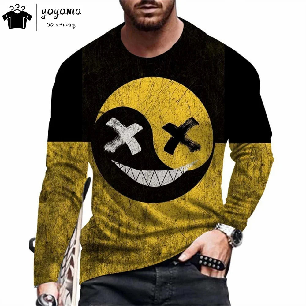 Men’s Casual Long Sleeve O-Neck T-shirt with Funny Pattern Print - Harajuku Street Fashion Top