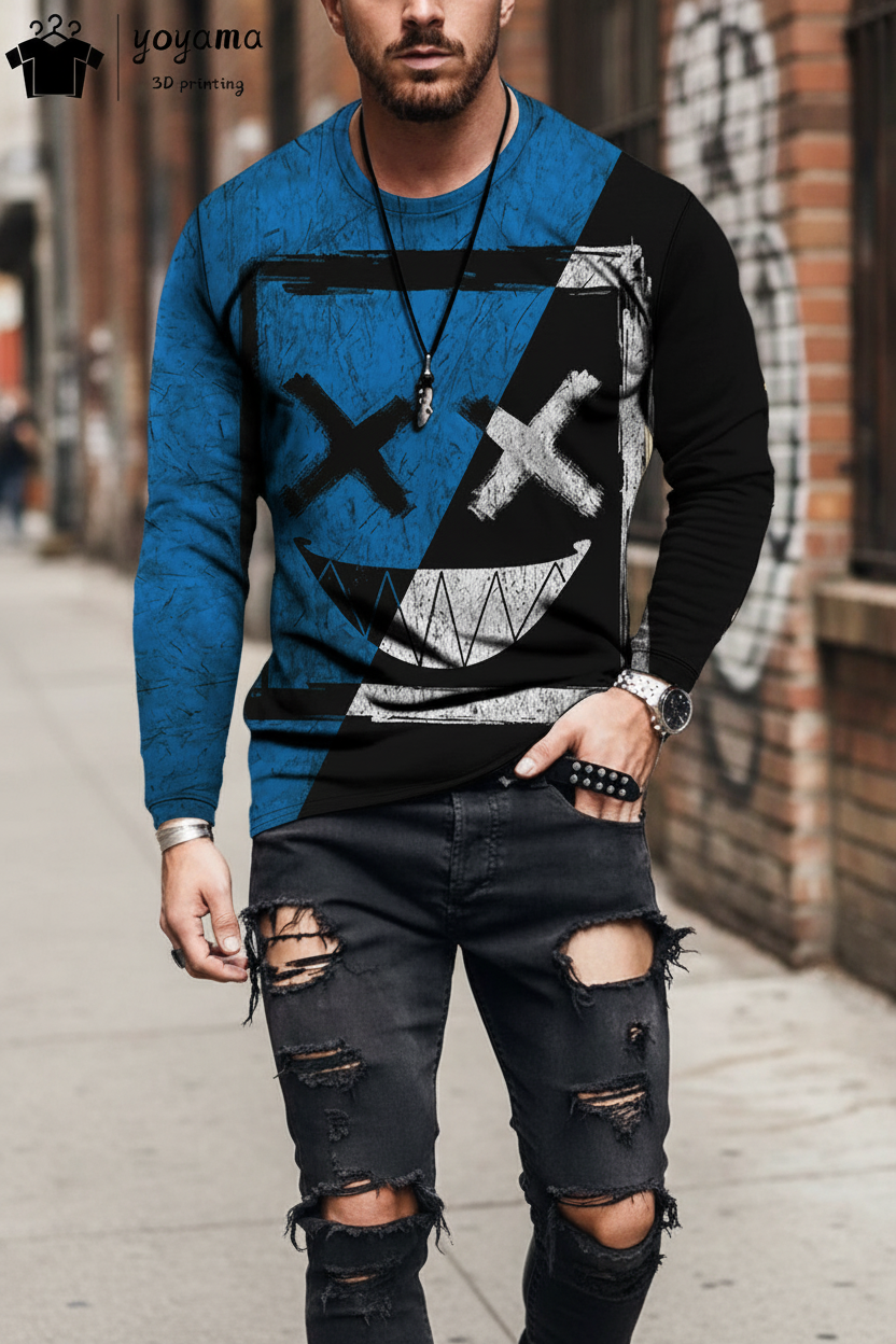 Men’s Casual Long Sleeve O-Neck T-shirt with Funny Pattern Print - Harajuku Street Fashion Top