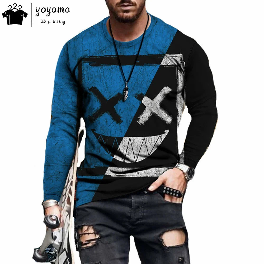 Men’s Casual Long Sleeve O-Neck T-shirt with Funny Pattern Print - Harajuku Street Fashion Top