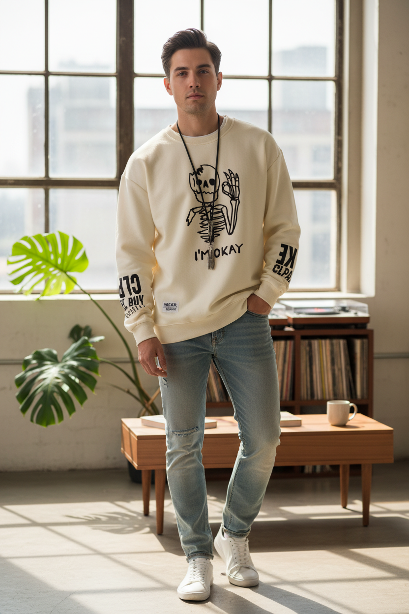 Autumn Men’s Sweatshirt Cool Bear Print Long Sleeve T-shirt Khaki O Neck Harajuku Exclusive Design Top
