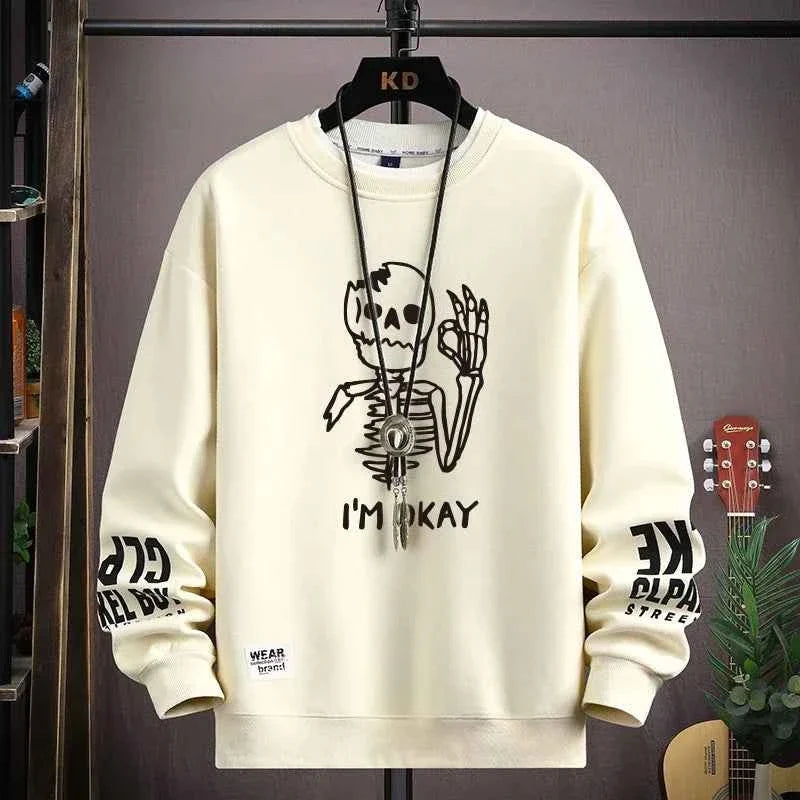 Autumn Men’s Sweatshirt Cool Bear Print Long Sleeve T-shirt Khaki O Neck Harajuku Exclusive Design Top