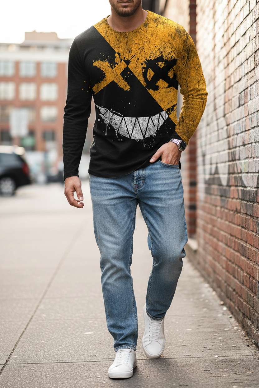 Men’s Casual Long Sleeve O-Neck T-shirt with Funny Pattern Print - Harajuku Street Fashion Top