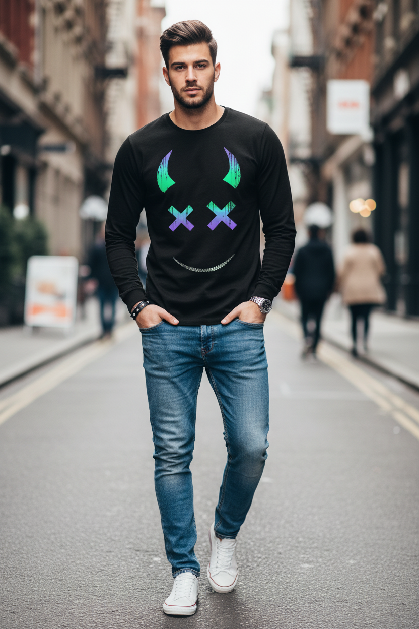 Men’s Casual Long Sleeve O-Neck T-shirt with Funny Pattern Print - Harajuku Street Fashion Top