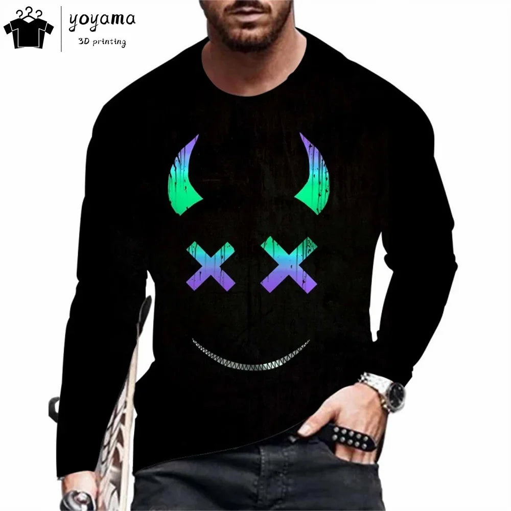 Men’s Casual Long Sleeve O-Neck T-shirt with Funny Pattern Print - Harajuku Street Fashion Top
