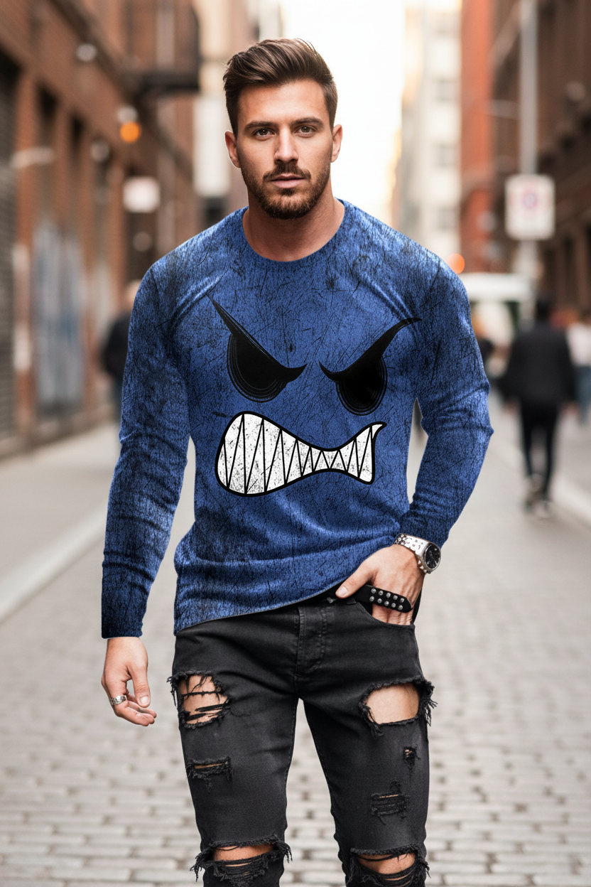 Men’s Casual Long Sleeve O-Neck T-shirt with Funny Pattern Print - Harajuku Street Fashion Top