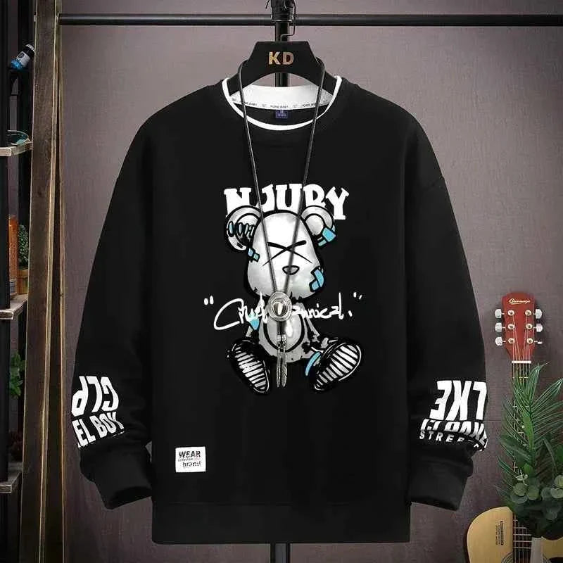 Autumn Men’s Sweatshirt Cool Bear Print Long Sleeve T-shirt Khaki O Neck Harajuku Exclusive Design Top