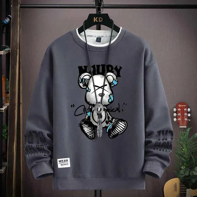 Autumn Men’s Sweatshirt Cool Bear Print Long Sleeve T-shirt Khaki O Neck Harajuku Exclusive Design Top